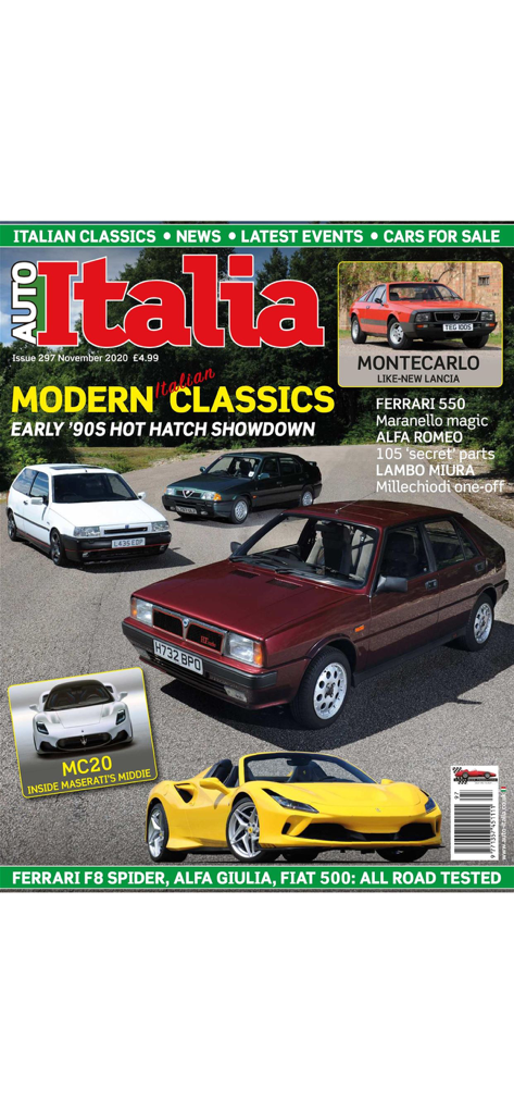 Auto Italia - Front cover of Auto Italia magazine featuring Italian modern classic cars including a Lancia Delta and a yellow Ferrari F8 Spider.