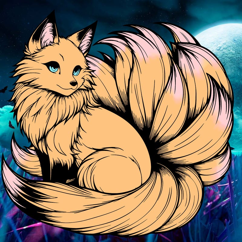 realistic detailed 9 tailed anime fox