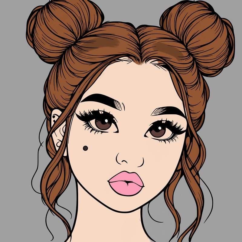 realistic girl with two buns on her hair and lips