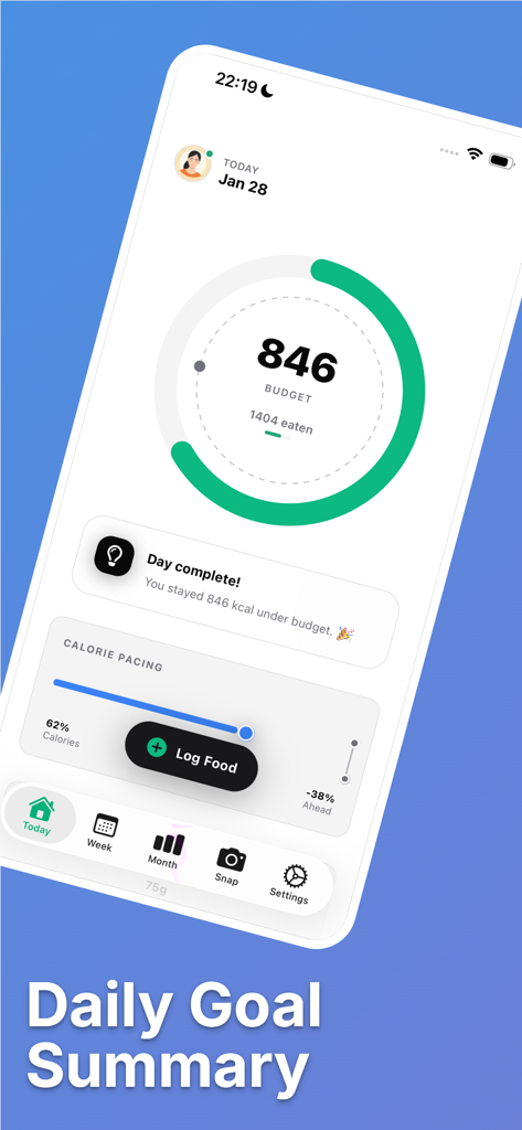 foodie - ai cal food tracker - CalAI mobile app dashboard displaying daily calorie goal summary with a progress ring and pacing status