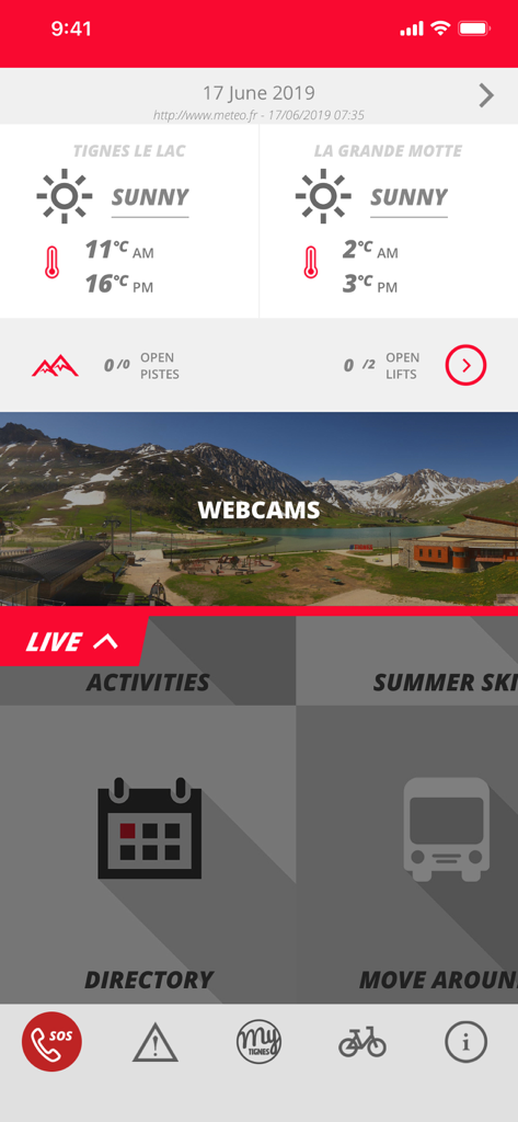 Tignes - Tignes app interface showing mountain weather and resort webcams