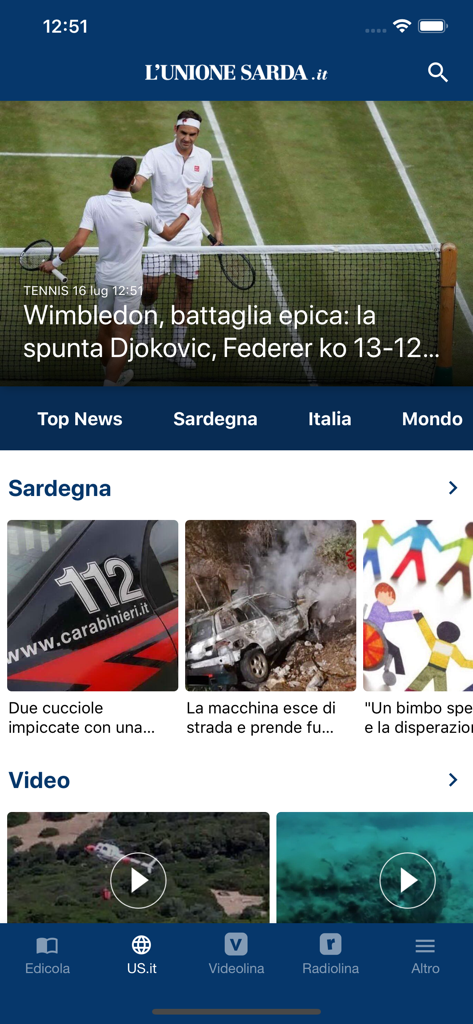 Interfaz de la aplicación de noticias L'Unione Digital mostrando titulares locales e internacionales