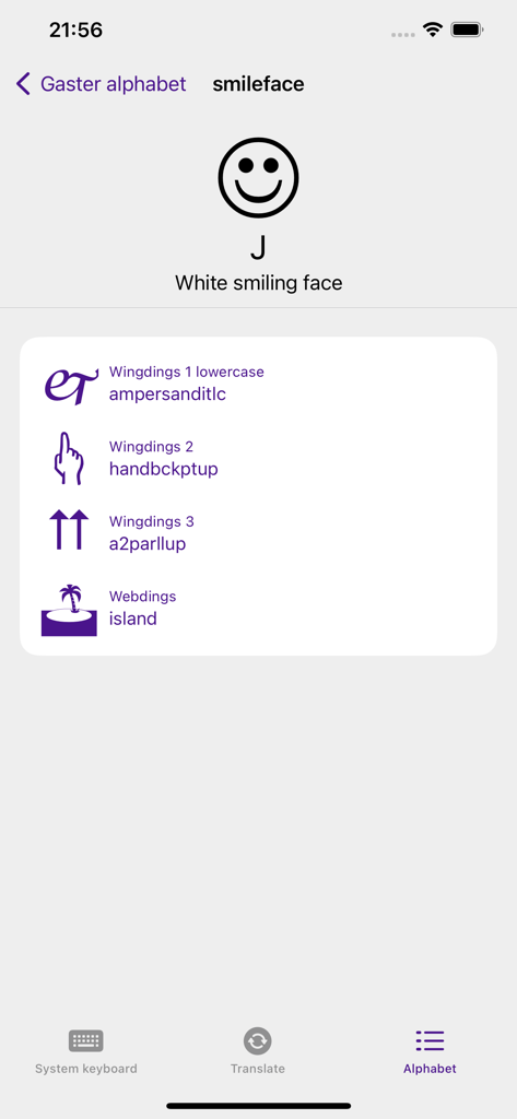 Gaster Dingbats - Gaster Dingbats aplicativo mostrando os detalhes de um personagem de rosto sorridente em diferentes fontes.