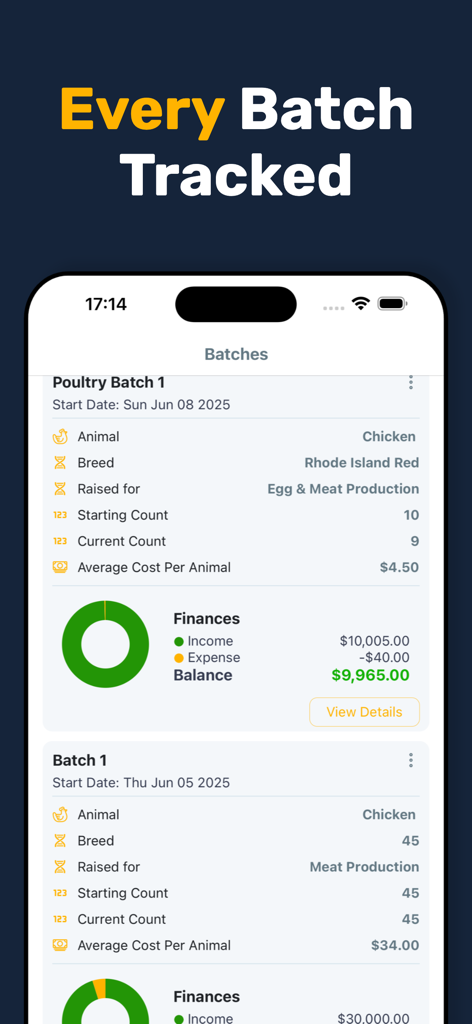 Livestock Manager Farm Tracker - Livestock Manager app interface displaying poultry batch records and farm financial tracking.