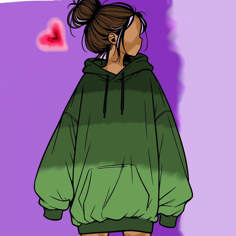 realistic girl with a oversized sweatshirt on and a bun