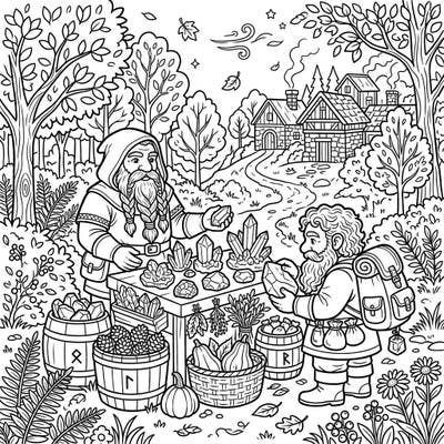 Step into a charming autumn scene where wise dwarf merchants are busy trading their precious goods. This delightful coloring page captures the essence of a bustling fall market amidst a magical forest.
