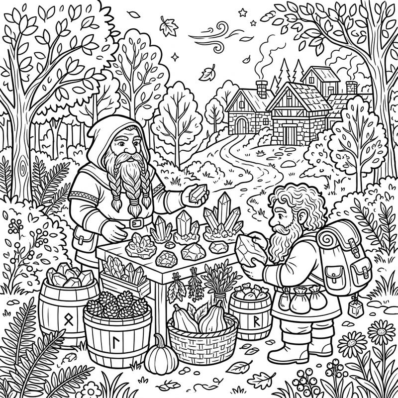 Step into a charming autumn scene where wise dwarf merchants are busy trading their precious goods. This delightful coloring page captures the essence of a bustling fall market amidst a magical forest.