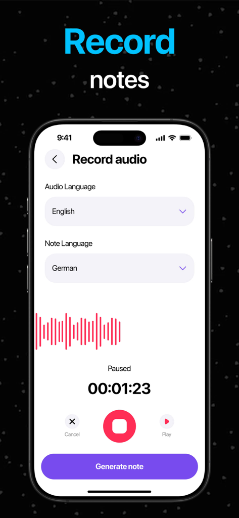 Fathom - AI Note Taker - Fathom AI Note Taker App-Oberfläche zur Audioaufnahme mit Übersetzungseinstellungen