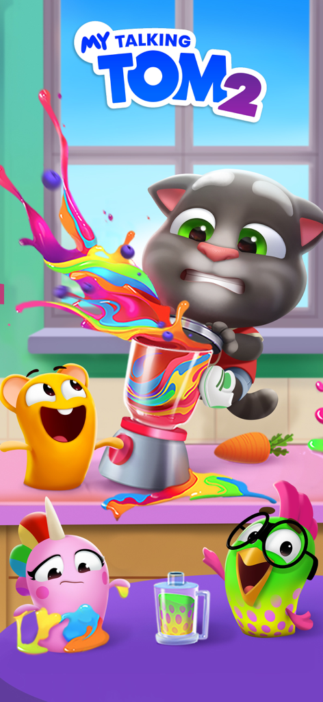 Talking Tom fazendo um smoothie arco-íris colorido com seus amigos pets na cozinha.