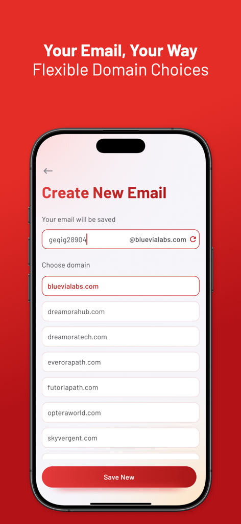Interface of the Temp Mail app showing a list of flexible domain choices for creating a new temporary email address.
