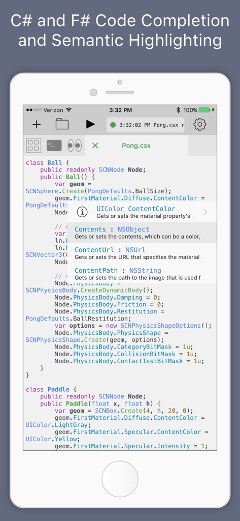 Continuous .NET C# and F# IDE - Screenshot of the Continuous IDE for iOS showing C sharp code completion and semantic highlighting on an iPhone