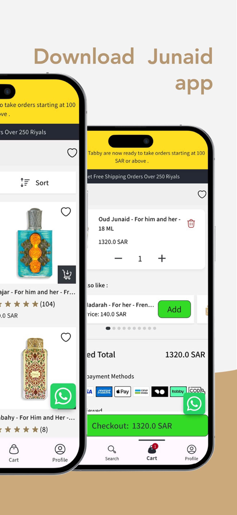 Junaid Perfumes Mobile App-Bildschirme, die Luxusduftangebote und eine sichere Warenkorb-Checkout-Seite zeigen