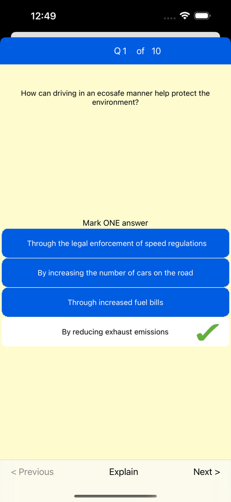 A screenshot of a driving theory test question about ecosafe driving with the correct answer 'By reducing exhaust emissions' selected.