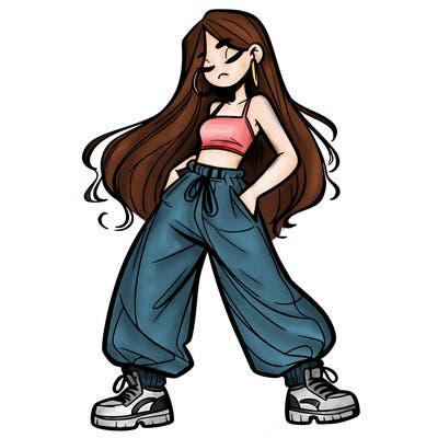 girl in baggy pants crop top and long hair