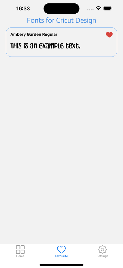 Fonts for Cricut Design - Favourite fonts screen in the Fonts for Cricut Design app showing a preview of the Ambery Garden Regular font.