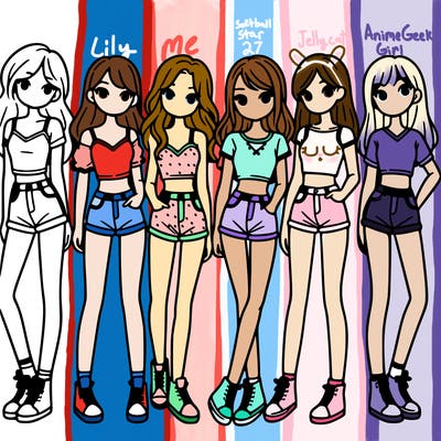 a group of girls wearing crop tops and shorts