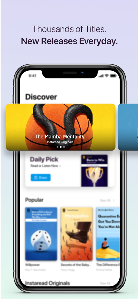 Instaread: Learn Something New - Screenshot of the Instaread app Discover page featuring book summaries and new daily releases