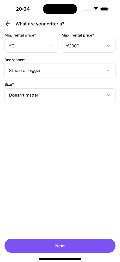 RentSlam - RentSlam app screen showing the rental search criteria setup including price range and bedroom preferences