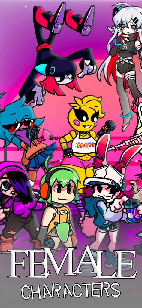 A vibrant group of stylized female characters from the World Music Battle rhythm game.