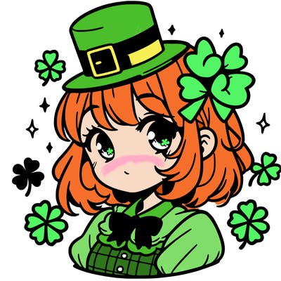 a manga-style girl with clovers around her, a little hat in her hair, like it's saint patrick's day