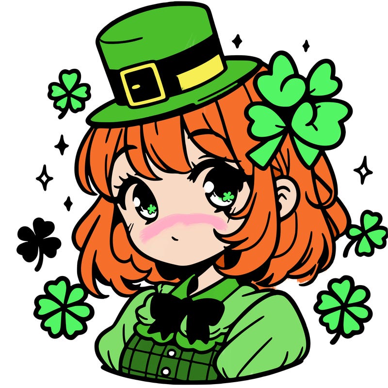 a manga-style girl with clovers around her, a little hat in her hair, like it's saint patrick's day