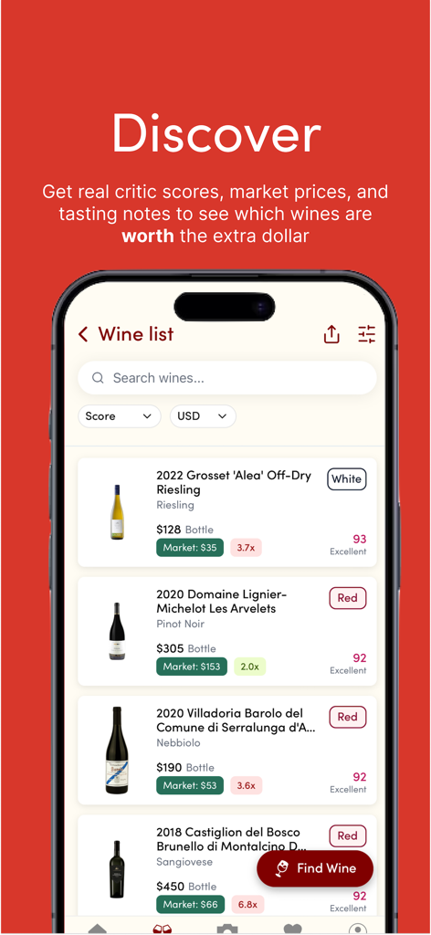 Wine Find app interface showing a list of wines with critic scores market prices and restaurant markups