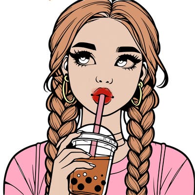 realistic girl with braided hair drinking boba