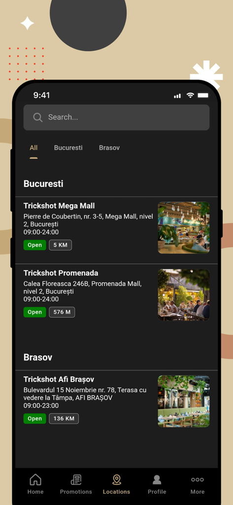 Screenshot der TRICKSHOT Restaurants App mit einer Liste von Standorten in Bukarest und Brasov mit Details wie Adressen und Öffnungszeiten.
