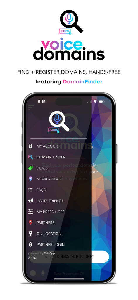 Voice Domains - Pantalla de un smartphone que muestra el menú de la aplicación Voice Domains con opciones para búsqueda de dominios manos libres y socios de networking locales