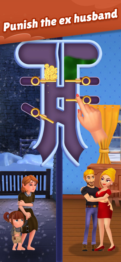Home Pin 3: Homeless Adventure - Home Pin 3 gameplay screen showing a pull the pin puzzle to punish the ex husband while a homeless mother and child stand in the snow