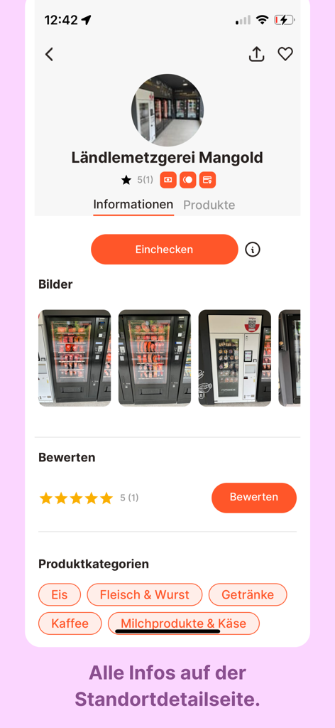 Xibee - Xibee app interface showing 24/7 regional food vending machine details and product categories