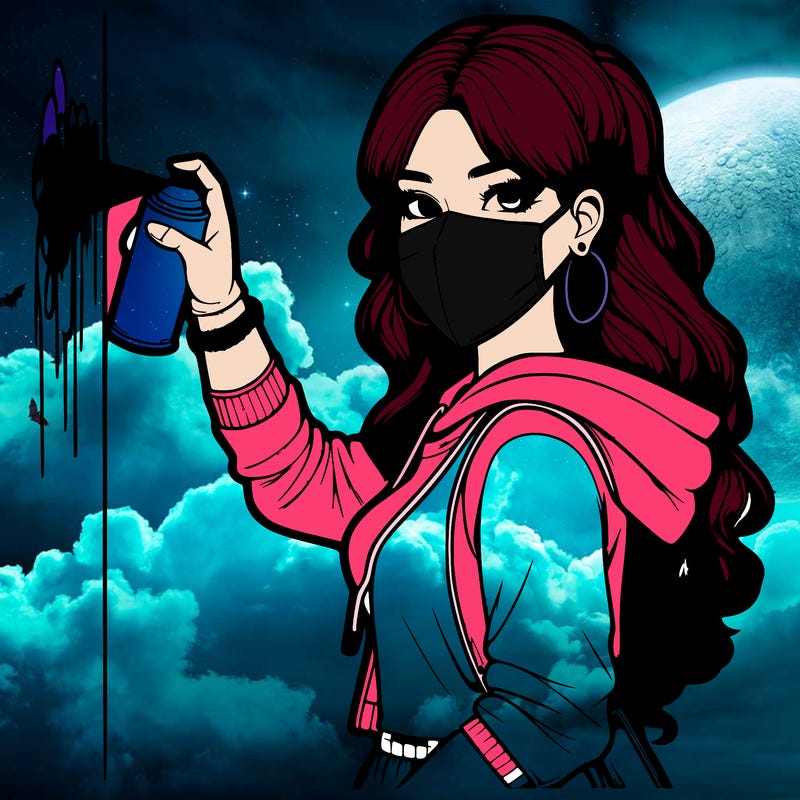 realistic girl with mask spray painting a wall