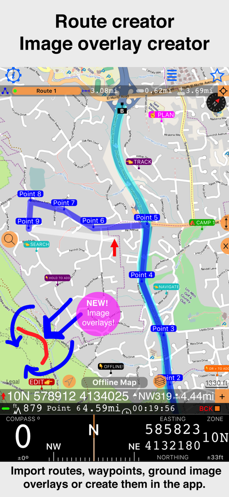 Compass 55. Map & GPS kit. - Compass 55 app interface showing route creation with waypoints and new image overlay feature on a topographical map.