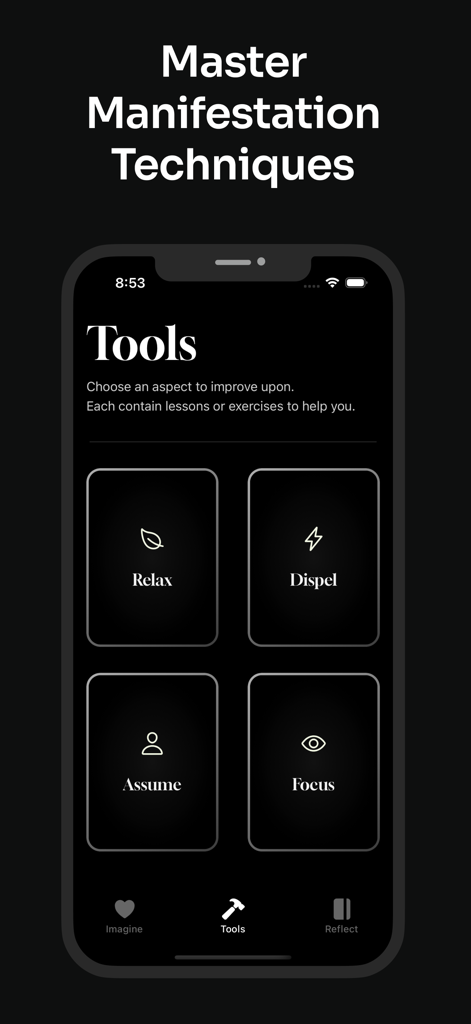 Interface do aplicativo Nev mostrando ferramentas de manifestação, incluindo exercícios de Relaxar, Dispersar, Supor e Focar.