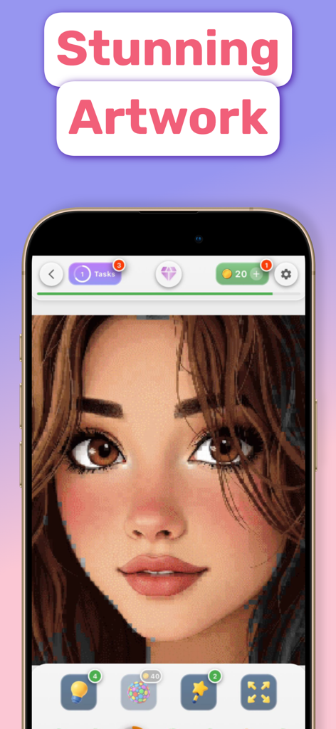 NumColor AI - Coloring Games - Interface do aplicativo NumColor AI mostrando um retrato detalhado em pixel art de uma mulher com cabelo castanho sendo colorida por números.