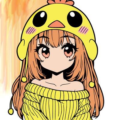 anime girl with chick shaped hat with sweater with bare shoulders with bangs covering them one eye with low tail