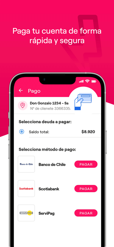 Enel Clientes Chile mobile app interface showing bill payment options and bank selection