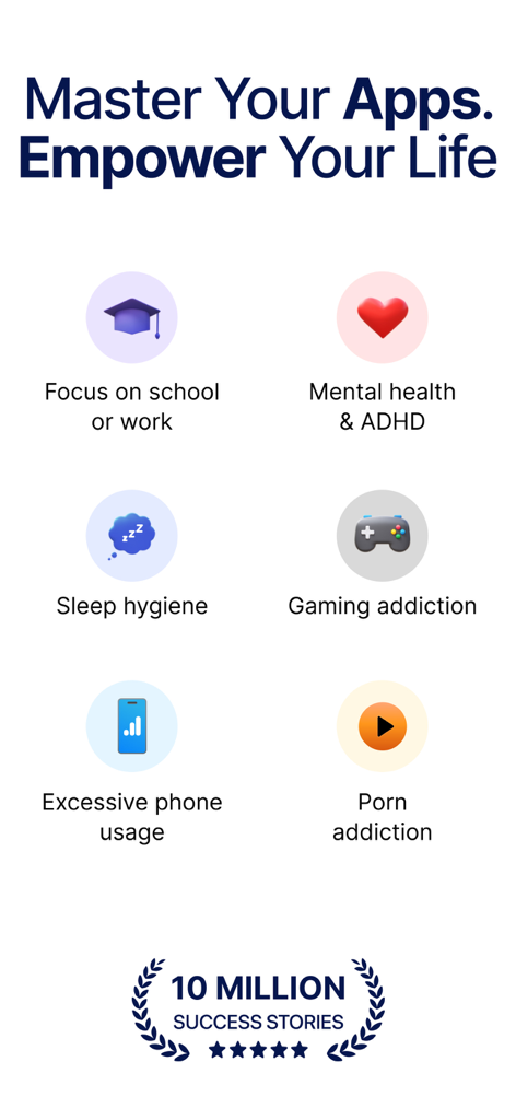 AppBlock: Block Apps & Website - Interface de l'application AppBlock montrant les avantages, notamment la concentration sur le travail, la santé mentale, l'hygiène du sommeil et la réduction du temps d'écran.