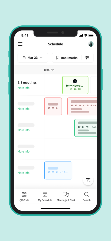 FinTech México - Interface of the FinTech Mexico app showing a professional event schedule with 1 on 1 meeting slots