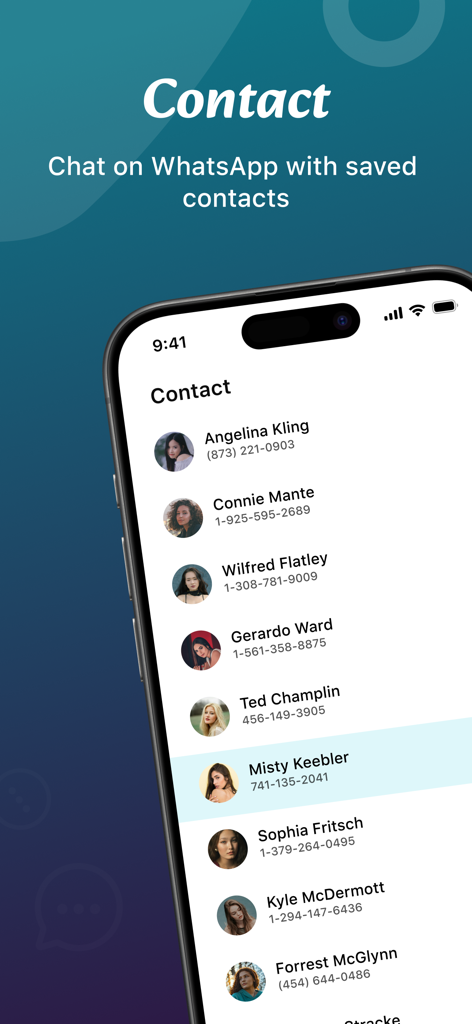 Interfaz que muestra una lista de contactos para mensajería directa de WhatsApp dentro de la aplicación
