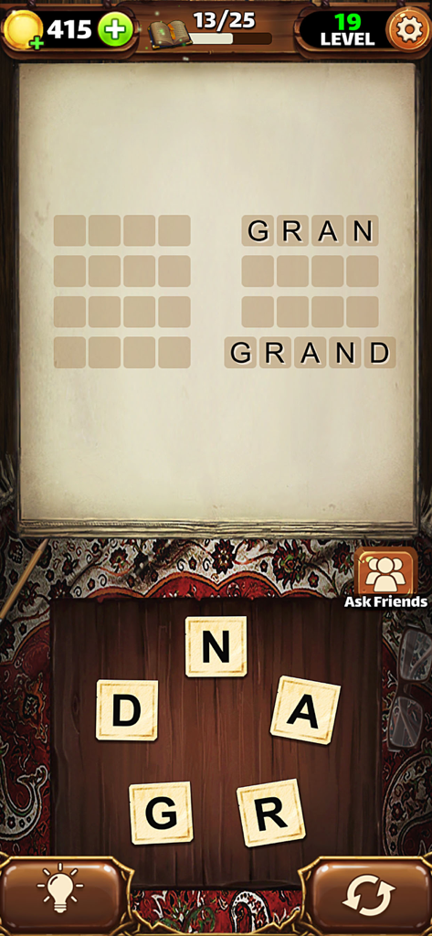 Fandogh | بازی فندق - Gameplay screenshot of Fandogh word puzzle game featuring letter tiles and a word grid on a Persian rug themed background