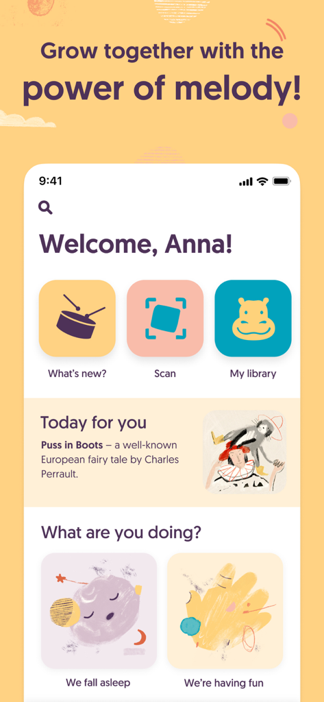 Pomelody Family Music & Fun - Écran d'accueil de l'application Pomelody Family Music and Fun affichant des catégories de musique et d'histoires pour enfants.