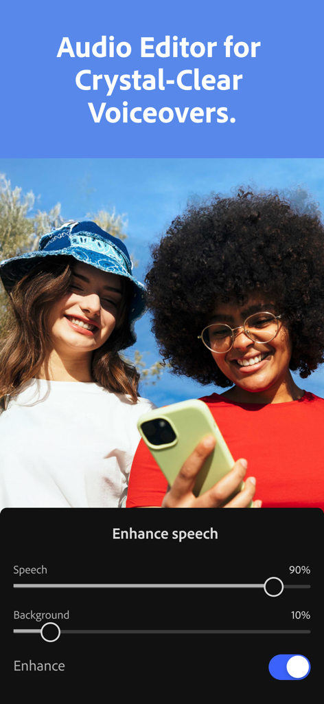 Interfaz de la aplicación Adobe Premiere mostrando la función de mejora de voz con IA