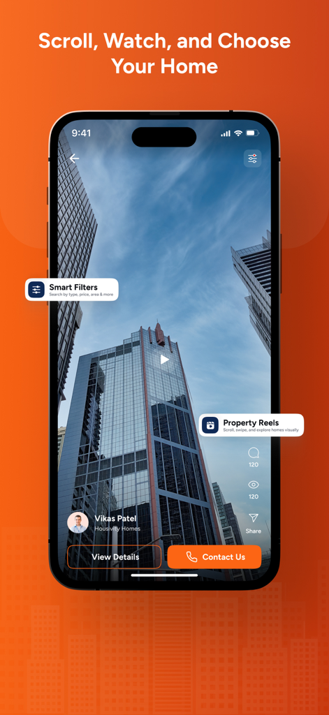 Housivity.com: Buy, Sell, Rent - Housivity Mobile App Benutzeroberfläche, die Immobilien-Reels eines modernen Hochhauses mit Smart-Filtern und Kontaktoptionen zeigt