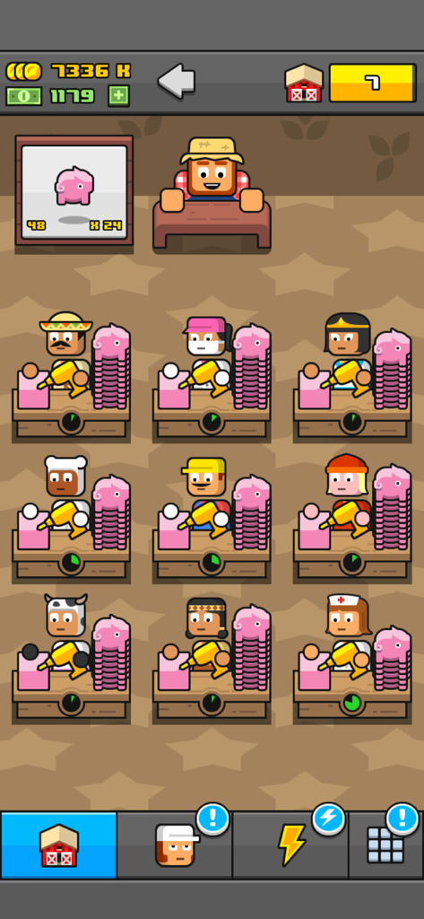 Workers in a factory producing pink piggy banks in the Make More idle game