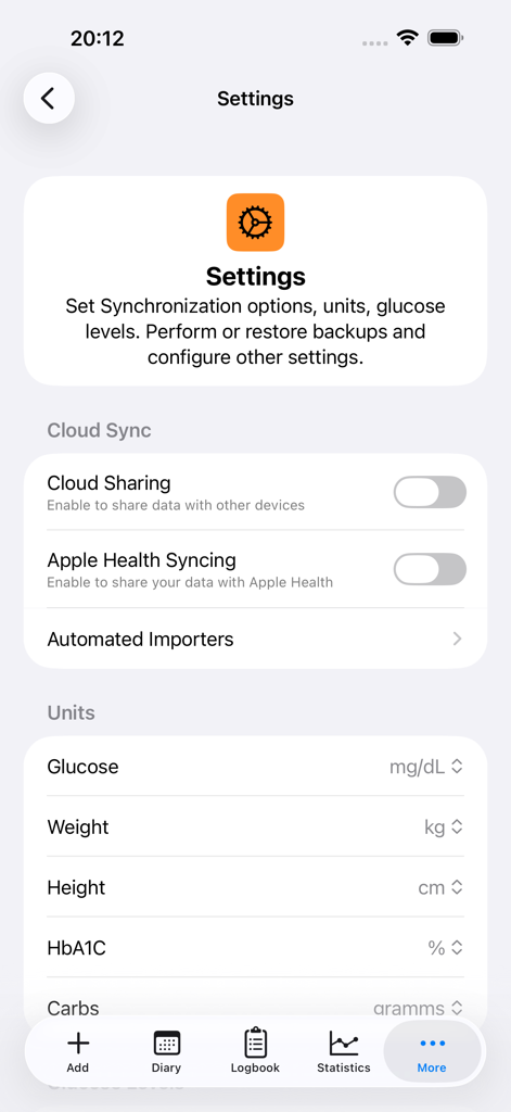 Tela de configurações do aplicativo DiabetesPal mostrando opções de sincronização e unidades de medida