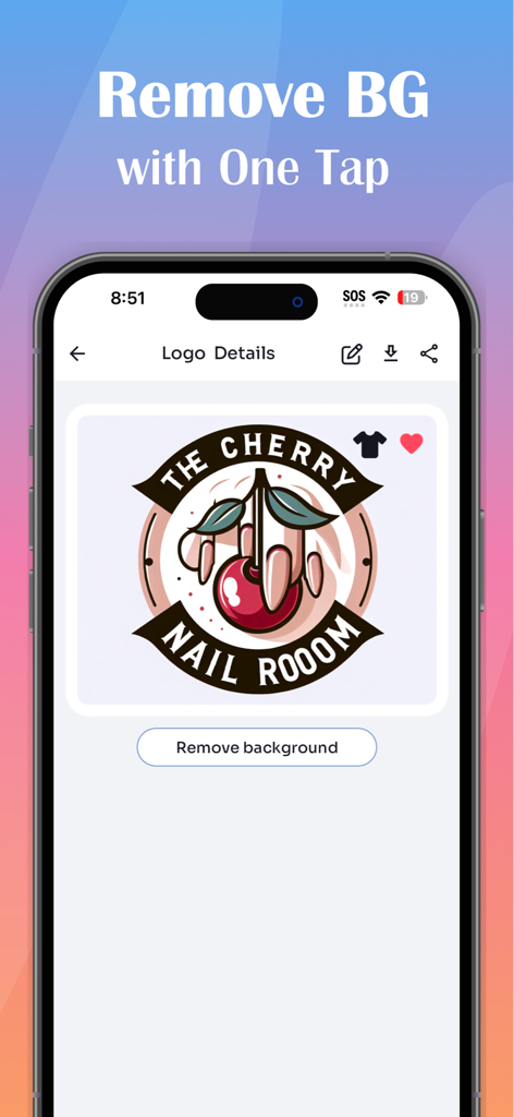 Logo Maker 3D - Screenshot of Logo Maker 3D app demonstrating a one tap background removal feature for a nail salon logo