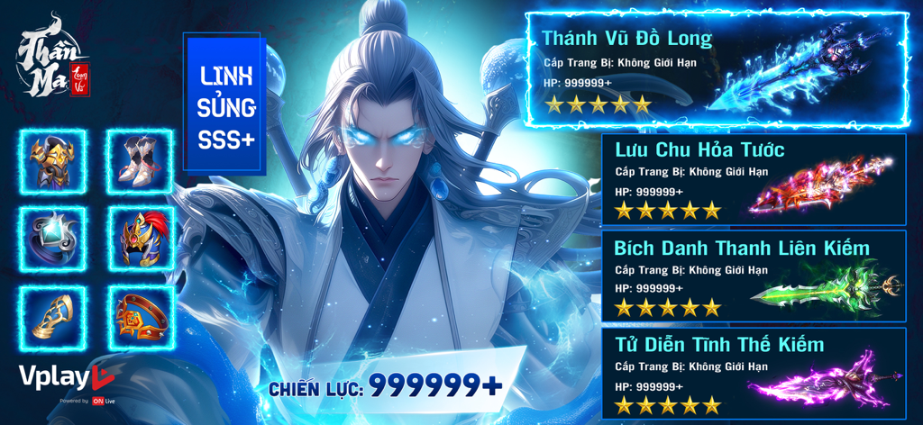 Thần Ma Loạn Vũ - Vplay - Un poderoso guerrero masculino con ojos brillantes y armas legendarias de alto nivel en Than Ma Loan Vu Vplay