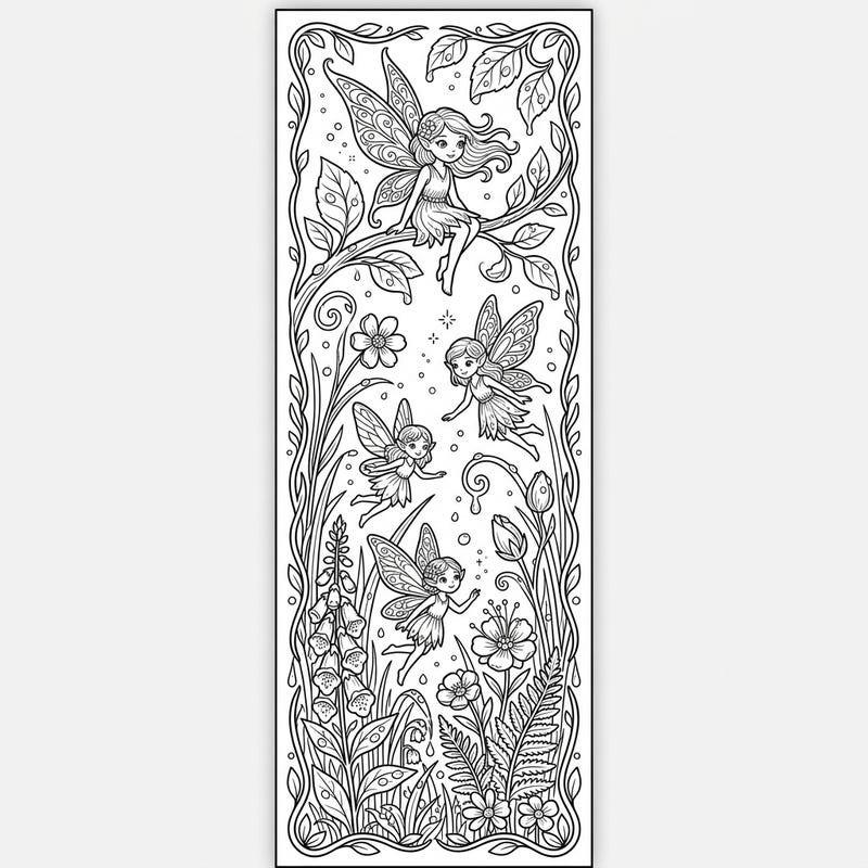 Step into a whimsical world with this enchanting Dewdrop Fairies bookmark coloring page, perfect for bringing a touch of magic to your favorite books. Immerse yourself in intricate details of tiny fairies amidst delicate flora and glistening dewdrops, ready for your creative touch.