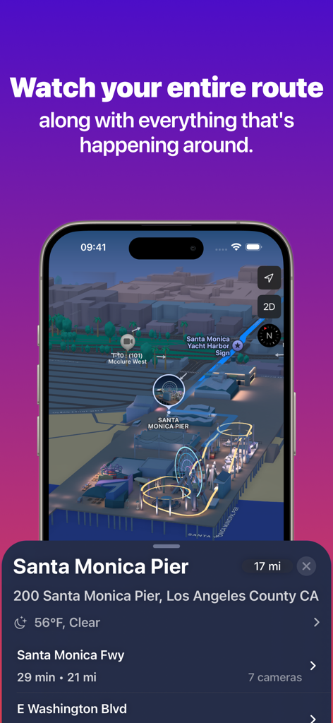 California Road Cameras - California Road Cameras app interface showing a 3D map of Santa Monica Pier and traffic details.